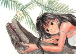  ayanashi_kunio black_hair commentary dinosaur kanimayo long_hair lying original strap_slip velociraptor 