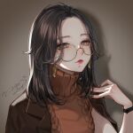  1girl ao+beni black_hair brown_background brown_eyes dated earrings glasses highres jacket jewelry long_hair looking_at_viewer open_clothes open_jacket original round_eyewear solo watch watch 