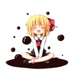  :d ^_^ ascot blonde_hair blush closed_eyes crossed_legs eyes_closed fang hair_ribbon indian_style legs_crossed ominaeshi_(takenoko) open_mouth ribbon rumia short_hair simple_background sitting smile solo touhou v_arms white_background 