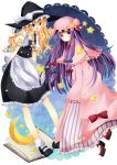  apron bad_id blonde_hair book capelet cloak crescent_moon doily full_body hat kirisame_marisa long_hair mary_janes moon multiple_girls patchouli_knowledge purple_hair shoes somiko star striped touhou witch_hat 