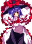  ascot blue_hair breasts capelet frills hat hat_ribbon head_tilt impossible_clothes impossible_shirt large_breasts long_hair looking_at_viewer nagae_iku red_eyes ribbon shawl simple_background skirt smile solo sousakubito taut_shirt touhou white_background 