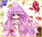  ahoge border choker crescent crystal dress izumi_yuuji_(trace_kouhosei) jewelry long_hair necklace no_hat no_headwear patchouli_knowledge purple_eyes purple_hair solo torn_clothes touhou violet_eyes 