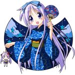  doll fan hiiragi_kagami hiiragi_tsukasa japanese_clothes kimono long_hair lucky_star purple_eyes purple_hair rindou_(awoshakushi) violet_eyes yukata 