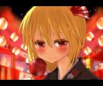  alternate_costume blonde_hair blurry blush candy_apple depth_of_field fang festival floral_print food_stand hair_ribbon japanese_clothes kimono lantern letterboxed light_particles light_smile looking_at_viewer night night_sky portrait red_eyes ribbon rumia short_hair sky solo takorice touhou 