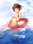  bare_shoulders bikini blue_eyes blush breasts brown_hair cloud clouds glasses highres ktsis navel open_mouth original short_hair solo swimsuit water 