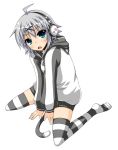  cat_tail headphones looking_at_viewer open_mouth original rock_heart short_hair showgirl simple_background sitting solo striped striped_legwear tail thighhighs wariza white_background yashiro_(rock_heart) 