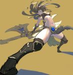  blue_eyes boomerang boots breasts brown_background brown_hair circlet dual_wielding earrings evil_grin evil_smile gloves grin highres jewelry league_of_legends leaning_back legs long_hair loped midriff navel sivir smile solo thigh_boots thighhighs thighs weapon you_gonna_get_raped 