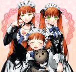  adult alternate_costume animal_hug arcana_famiglia bangs bird bow closed_eyes collarbone dress enmaided felicita fukurouta green_eyes hair_bow hair_down hair_ribbon hug looking_at_viewer maid maid_headdress multiple_girls multiple_persona open_mouth owl puffy_sleeves red_hair redhead ribbon ruku_(ruku_5050) short_twintails smile tattoo tray twintails unbuttoned untied young 