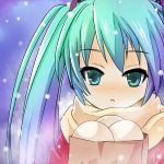  blush food green_eyes green_hair hatsune_miku long_hair mitsuki_yuuya scarf snowing solo vocaloid 