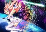  1girl din47060702 din_(raiden) earmuffs earth fingerless_gloves gloves headphones headset highres looking_at_viewer open_mouth red_eyes red_hair redhead sf-a2_miki shooting_star sky smile solo space sparkle star star_(sky) starry_sky thighhighs vocaloid zettai_ryouiki 
