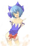  arms_behind_back bare_shoulders bloomers blue_hair blush bow cirno collarbone flat_chest hair_bow mitsuki_yuuya open_mouth short_hair smile solo touhou wardrobe_error 