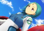  aqua_hair bodysuit cloud clouds dutch_angle eureka eureka_seven_(series) eureka_seven_ao hair_ornament hairclip heterochromia murata_isshin purple_eyes ringed_eyes sky violet_eyes 