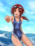  andrew brown_eyes competition_swimsuit goggles goggles_on_head hino_akane long_hair one-piece_swimsuit ponytail precure punching red_eyes smile_precure! swimsuit wet 