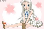  blue_eyes dress flower frills honma_meiko maguta sandals sitting smile white_hair 
