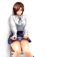  brown_hair k2isu looking_at_viewer original panties pantyshot pantyshot_(sitting) pantyshot_sitting school_uniform simple_background sitting skirt skirt_lift smile solo thighs underwear white_background 