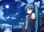  amakara_surume arms_behind_back blush detached_sleeves flat_chest full_moon green_eyes green_hair hatsune_miku long_hair moon necktie night solo twintails very_long_hair vocaloid water 
