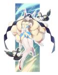  1girl black_hair blue_eyes breasts creature emolga fur_coat headphones highres kamitsure_(pokemon) lightning long_hair mimizubare mismatched_footwear pokemon pokemon_(creature) pokemon_(game) pokemon_bw2 shorts very_long_hair 