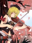  belt blonde_hair bow breasts cherry_blossoms closed_eyes crescent eyes_closed hat highres instrument lunasa_prismriver midriff navel playing playing_instrument qq3099wind sash short_hair sideboob skirt sleeveless smile solo touhou violin 