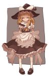  apron bangs blonde_hair bow braid closed_eyes dress eyes_closed full_body hair_ribbon hat hat_bow kansou_samehada kirisame_marisa long_hair ribbon shoes side_braid single_braid smile socks solo standing touhou turtleneck white_legwear witch witch_hat 