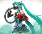  aqua_hair bare_shoulders detached_sleeves fire_extinguisher fire_hydrant gas_mask hair_ornament hatsune_miku highres holding itou_(onsoku_tassha) long_hair mask nail_polish necktie pleated_skirt simple_background skirt solo strap tank_(container) tattoo tube twintails very_long_hair vocaloid 