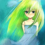  arms_behind_back bare_shoulders blue_eyes copyright_request frown green_eyes green_hair heterochromia long_hair looking_at_viewer mitsuki_yuuya solo 