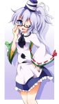  bespectacled black-framed_glasses blue_eyes glasses hand_on_hip hat highres hips japanese_clothes mononobe_no_futo open_mouth ponytail silver_hair skirt smile solo taku10 tate_eboshi touhou wink 