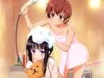  black_hair blue_eyes brown_hair indoors kamisama_no_memo_chou long_hair shinozaki_ayaka shionji_yuuko short_hair soap towel 