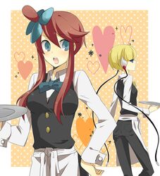  azusa_(sarie303030) blonde_hair blue_eyes bowtie cable fuuro_(pokemon) hair_ornament hand_on_hip headphones heart hips kamitsure_(pokemon) multiple_girls open_mouth payot plate plug pokemon pokemon_(game) pokemon_bw polka_dot polka_dot_background red_hair redhead short_hair waitress 