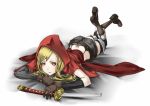  ass bad_id belt blonde_hair boots broken_sword brown_gloves gloves highres hood little_red_riding_hood long_hair lying on_stomach original red_eyes short_shorts shorts solo yucca-612 