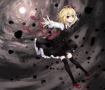  black_legwear blonde_hair bow hair_ribbon highres mary_janes outstretched_arms red_eyes ribbon rumia shoes short_hair skirt skirt_set smile solo spread_arms thigh-highs thighhighs touhou zzz36951 
