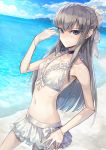  artist_request bikini bikini_skirt blue_eyes blush bracelet dekappara_futoriusu frilled_bikini frills front-tie_top jewelry long_hair looking_at_viewer navel ocean original ribbon_choker silver_hair solo swimsuit water 