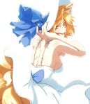  alternate_costume alternate_headwear animal_ears back bare_shoulders blonde_hair breasts dearmybrothers dress fox_ears fox_tail hand_behind_head hand_on_hat hat hat_ribbon highres looking_back multiple_tails open_mouth ribbon short_hair sideboob simple_background smile solo sun_hat tail touhou white_background white_dress yakumo_ran yellow_eyes 