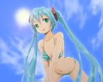  :p aqua_hair barokkusu bikini breasts cleavage cloud clouds green_eyes hatsune_miku lens_flare long_hair navel sky solo spread_legs striped striped_bikini striped_swimsuit swimsuit tongue twintails very_long_hair vocaloid 