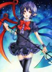  acrylic_paint_(medium) asymmetrical_wings black_hair black_legwear bowtie dress houjuu_nue open_mouth pointy_ears polearm red_eyes short_hair snake solo thigh-highs thighhighs touhou traditional_media trident tsubugaai weapon wings zettai_ryouiki 