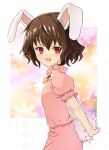  animal_ears arms_behind_back blush brown_hair bunny_ears bunny_tail inaba_tewi looking_at_viewer mitsuki_yuuya open_mouth rabbit_ears red_eyes short_hair smile solo tail touhou 