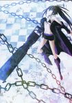  1girl absurdres bikini_top black_hair black_rock_shooter black_rock_shooter_(character) blue_eyes boots chain chains coat glowing glowing_eyes highres huke long_hair midriff navel scar short_shorts shorts solo twintails weapon 