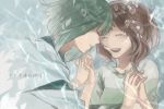  1girl brown_hair bubble child closed_eyes couple eyes_closed forehead-to-forehead forehead_to_forehead green_hair hakama haku hand_holding happy holding_hands japanese_clothes kurohal ogino_chihiro ponytail sen_to_chihiro_no_kamikakushi smile studio_ghibli tears underwater 