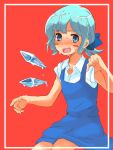 alternate_hairstyle bad_id blue_eyes blue_hair blush blush_stickers bow cirno dress hair_bow ice ice_wings melting noko_(iamsimply2000) open_mouth ponytail short_hair solo sweat touhou wings 