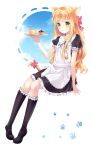  animal_ears bell blonde_hair cat_ears cat_tail cup green_eyes hitsukuya holding long_hair maid original paw_print smile solo tail tail_bell tray 