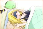  1girl blush creature futon gulpin long_hair lying on_back pillow pokemon pokemon_(creature) shirona_(pokemon) sleep_mask sleeping solo sougetsu_(yosinoya35) 