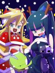  :d animalmaster christmas chuck_(psg) elbow_gloves gloves heart heart_in_mouth highres honekoneko_(psg) multiple_girls offical_style official_style open_mouth panty_&amp;_stocking_with_garterbelt panty_(psg) santa_costume smile snowing stocking_(psg) stuffed_animal stuffed_toy 