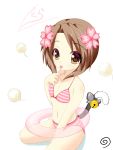  brown_eyes brown_hair flower hair_flower hair_ornament highres innertube octopus_(the-sun_aleister) original short_hair striped striped_bikini striped_swimsuit swimsuit tail tongue 