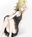  1girl bare_legs bare_shoulders blonde_hair blue_eyes breasts cleavage dress fork hair_over_one_eye jormungand schokolade solo 