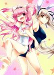  angel_beats! animal_ears brown_hair bunny_ears crossover fake_animal_ears fang hair_ribbon long_hair multiple_girls one-piece_swimsuit open_mouth oshakana pink_eyes pink_hair rabbit_ears rewrite ribbon senri_akane side_ponytail star swimsuit white_swimsuit yellow_eyes yui_(angel_beats!) 