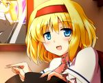  alice_margatroid blonde_hair blue_eyes bust capelet grin hairband hat kamelie kirisame_marisa long_hair open_mouth photo_(object) ribbon sewing_needle short_hair smile solo touhou yellow_eyes 