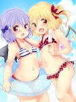  :d bat_wings bikini blonde_hair blue_hair bow child cloud clouds fang flandre_scarlet flat_chest hair_bow hair_ribbon holding innertube long_hair multiple_girls navel open_mouth polka_dot polka_dot_bikini polka_dot_swimsuit popsicle red_eyes remilia_scarlet ribbon short_hair siblings side_ponytail sisters sky smile striped striped_bikini striped_swimsuit swimsuit touhou wings yukiu_kon 