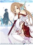  1girl asuna_(sao) bare_shoulders belt black_hair braid brown_eyes brown_hair furumiya_haiji highres jacket kirito long_hair planted_sword planted_weapon profile short_hair sitting skirt smile sword sword_art_online thigh-highs thighhighs weapon white_legwear yuuki_asuna 