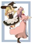  blonde_hair book boots cloak frame full_body grin hand_on_hat hat high_heels jumping kirisame_marisa multiple_girls patchouli_knowledge profile purple_hair shoes smile touhou witch_hat yachi_yowa 