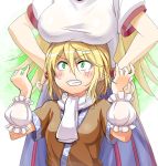  angry arm_warmers blonde_hair blush breast_envy breast_rest breasts breasts_on_head clenched_teeth green_eyes hands_on_hips head_out_of_frame highres hoshiguma_yuugi large_breasts long_hair mizuhashi_parsee multiple_girls pointy_ears scarf shirt short_hair short_sleeves skirt tears touhou usotsuki_penta 