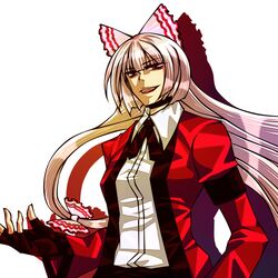  cosplay discharge_cycle fingerless_gloves fujiwara_no_mokou gloves hair_ribbon jacket king_of_fighters long_hair m.u.g.e.n multicolored_hair necktie parody red_eyes ribbon rugal_bernstein rugal_bernstein_(cosplay) shadow solo touhou 